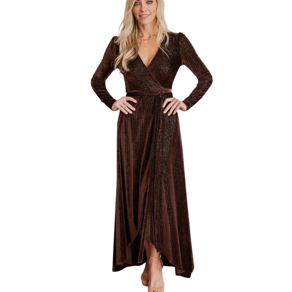 Baltic Born Serena Shimmer Velvet Wrap Maxi Dress XL Brown Long Sleeve